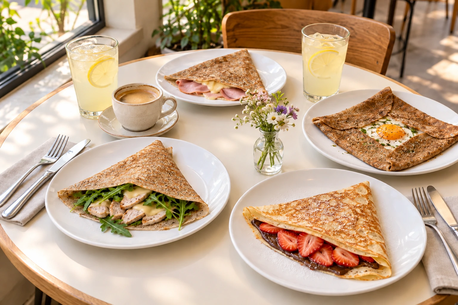 A table of PANNONIA crêpes, homemade lemonade and coffee, ready to share.